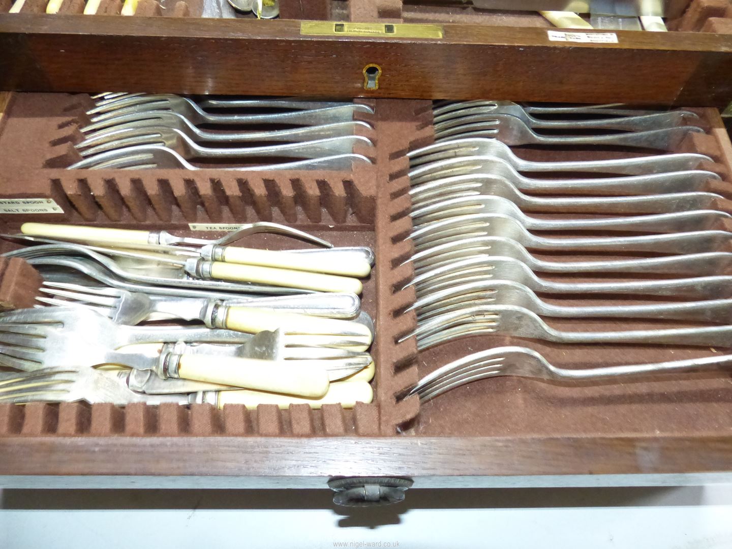A large Oak canteen of cutlery with two drawers having brass escutcheon to the lid inscribed - Image 3 of 4