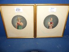 A pair of early 19th century Watercolours of Swiss ladies in the costumes of their cantons, 7" x 8".