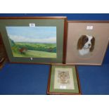 A framed and mounted Watercolour of a fox breaking cover and stalking rabbits, signed lower right J.