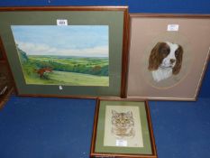 A framed and mounted Watercolour of a fox breaking cover and stalking rabbits, signed lower right J.