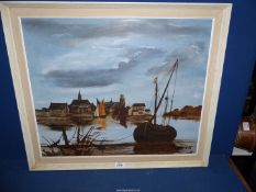 A framed Oil on board depicting a Dutch waterway scene,