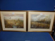 Two framed and mounted Oil paintings depicting two pheasants in the undergrowth and two ducks