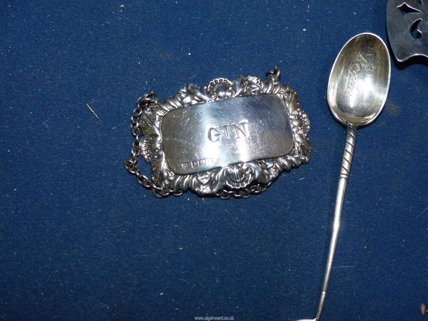 A silver decanter label for Gin Birmingham 1963, silver ashtray with pierced terminals, 4" long, - Image 2 of 4