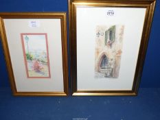 A framed Watercolour titled 'Asolo' depicting the front of an Italian House with drinking fountain,