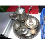 A quantity of silver plate to include; engraved tray, three piece Teaset, egg cups, napkin rings,