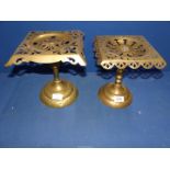 Two similar brass stands/trivets. 9" and 9 1/2" high x 8" square.