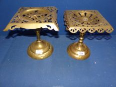 Two similar brass stands/trivets. 9" and 9 1/2" high x 8" square.