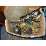 A good quantity of brass and plate including companion set, hot water jug, horse brasses,