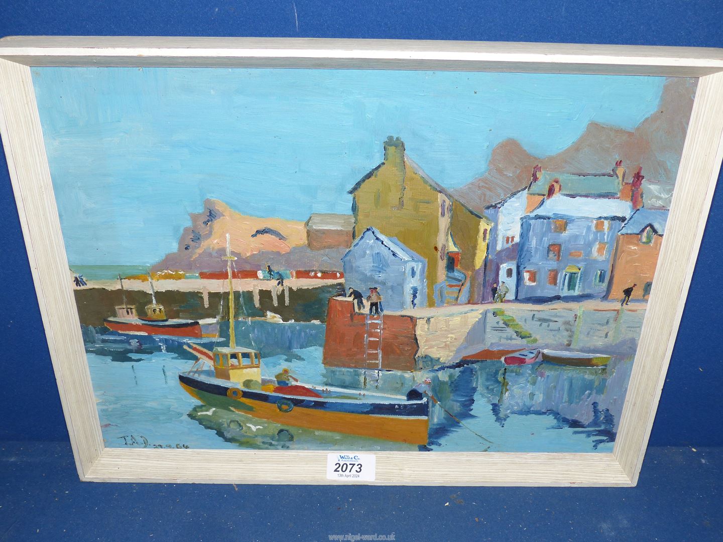 A framed Oil on board depicting Polperro, Cornall Harbour scene, initialed lower left T.A.D. - Image 2 of 2