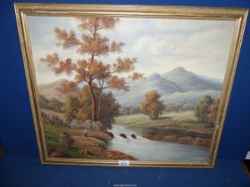 An Oil on canvas of a Fisherman on riverbank with trees and distant mountains, signed A.