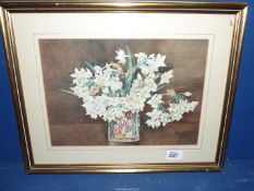 A framed and mounted Watercolour depicting a Still Life of flowers in an Oriental pot,