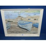 A framed Oil on board depicting a Seascape with moored boats on the shore,
