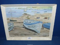 A framed Oil on board depicting a Seascape with moored boats on the shore,