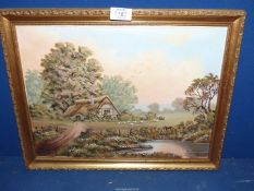 A framed Oil on board depicting a Thatched Cottage by a pond with sheep grazing in the field.