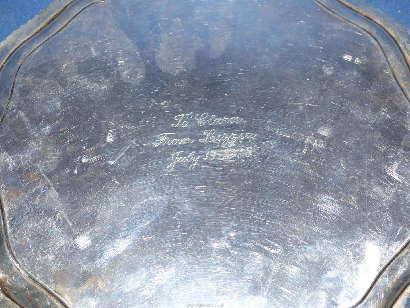 A Silver Tray standing on ball and claw feet with the initial "B", - Image 3 of 4