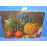 An unframed Oil on canvas depicting a still life of fruit,