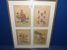 A single frame containing four paintings on fabric depicting various Japanese figures.