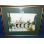 A framed and mounted Watercolour depicting The Old Bridge Hereford with Cathedral in distance,