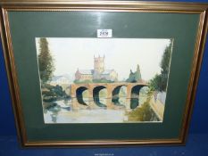 A framed and mounted Watercolour depicting The Old Bridge Hereford with Cathedral in distance,