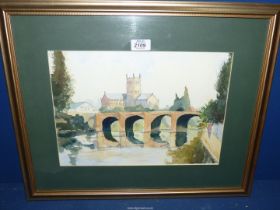 A framed and mounted Watercolour depicting The Old Bridge Hereford with Cathedral in distance,