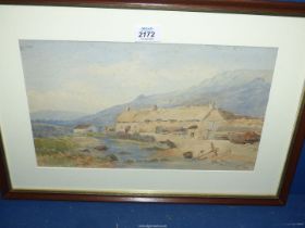 A framed and mounted Watercolour depicting Penberth Cove with a cottage and figures with a horse