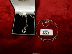 A 925 silver Chain with letter 'G' pendant in a Pleasance & Harper box and a 925 silver Bangle with