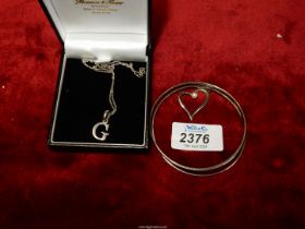 A 925 silver Chain with letter 'G' pendant in a Pleasance & Harper box and a 925 silver Bangle with