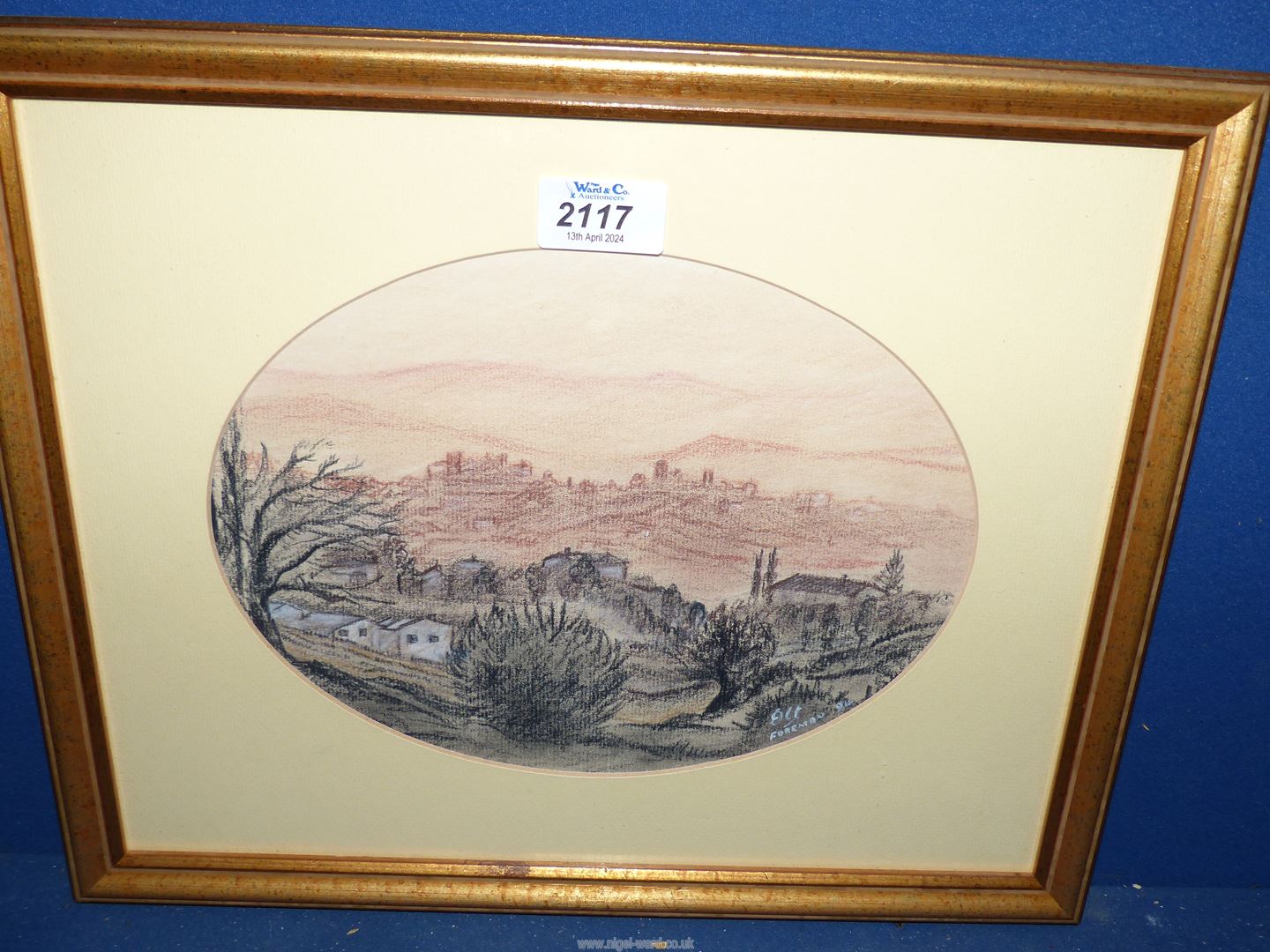 A framed and oval mounted Conte Crayon on buff paper depicting St Paul De Venice by Derek Foreman,