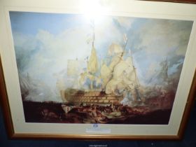A large framed J.M.W Turner Print 'The Battle of Trafalgar', 33" x 26".