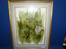 A gilt framed Watercolour depicting a floral and fauna scene, signed JC 1974.