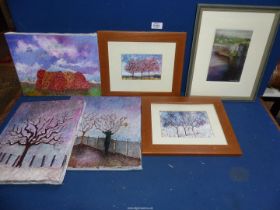 Three unframed Oils on canvas, along with two framed Oil paintings depicting trees,