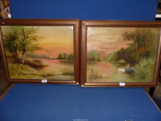 Two framed Oils on board depicting figures in a boat feeding the Swans and a River scene at Sunset,