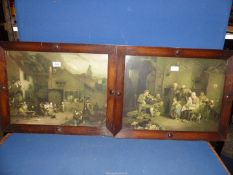 Two wooden framed Prints of a family in a kitchen scene and figures enjoying ale.