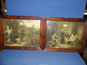 Two wooden framed Prints of a family in a kitchen scene and figures enjoying ale.