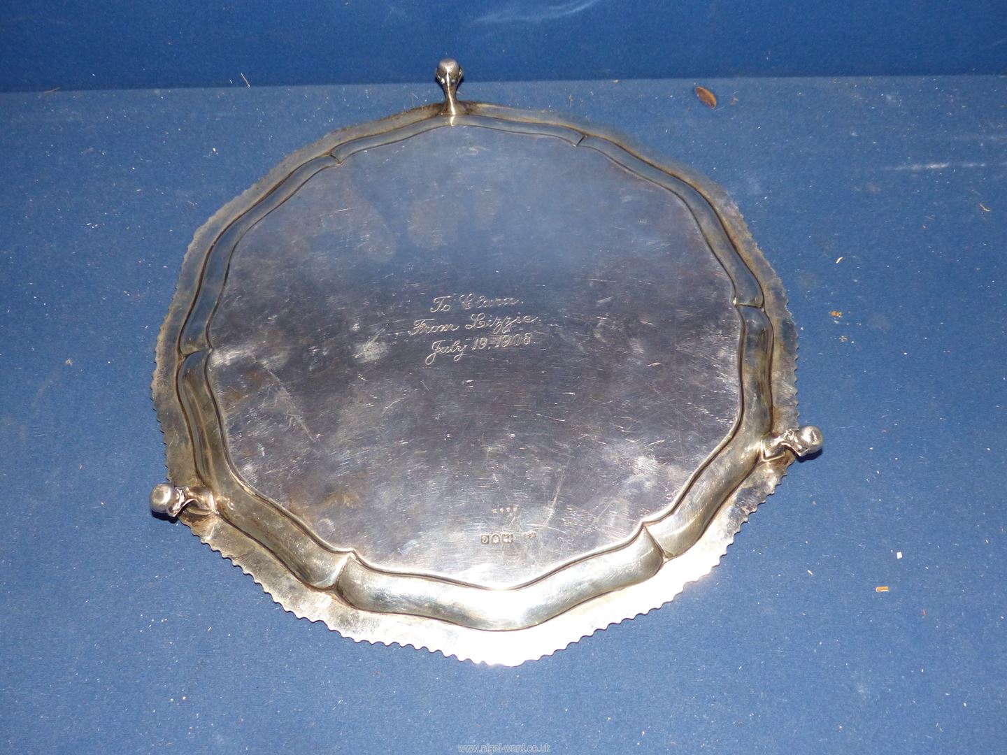 A Silver Tray standing on ball and claw feet with the initial "B", - Image 2 of 4