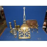 A quantity of brass and metals including brass book stand, pair of candlesticks, copper tray,