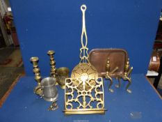 A quantity of brass and metals including brass book stand, pair of candlesticks, copper tray,