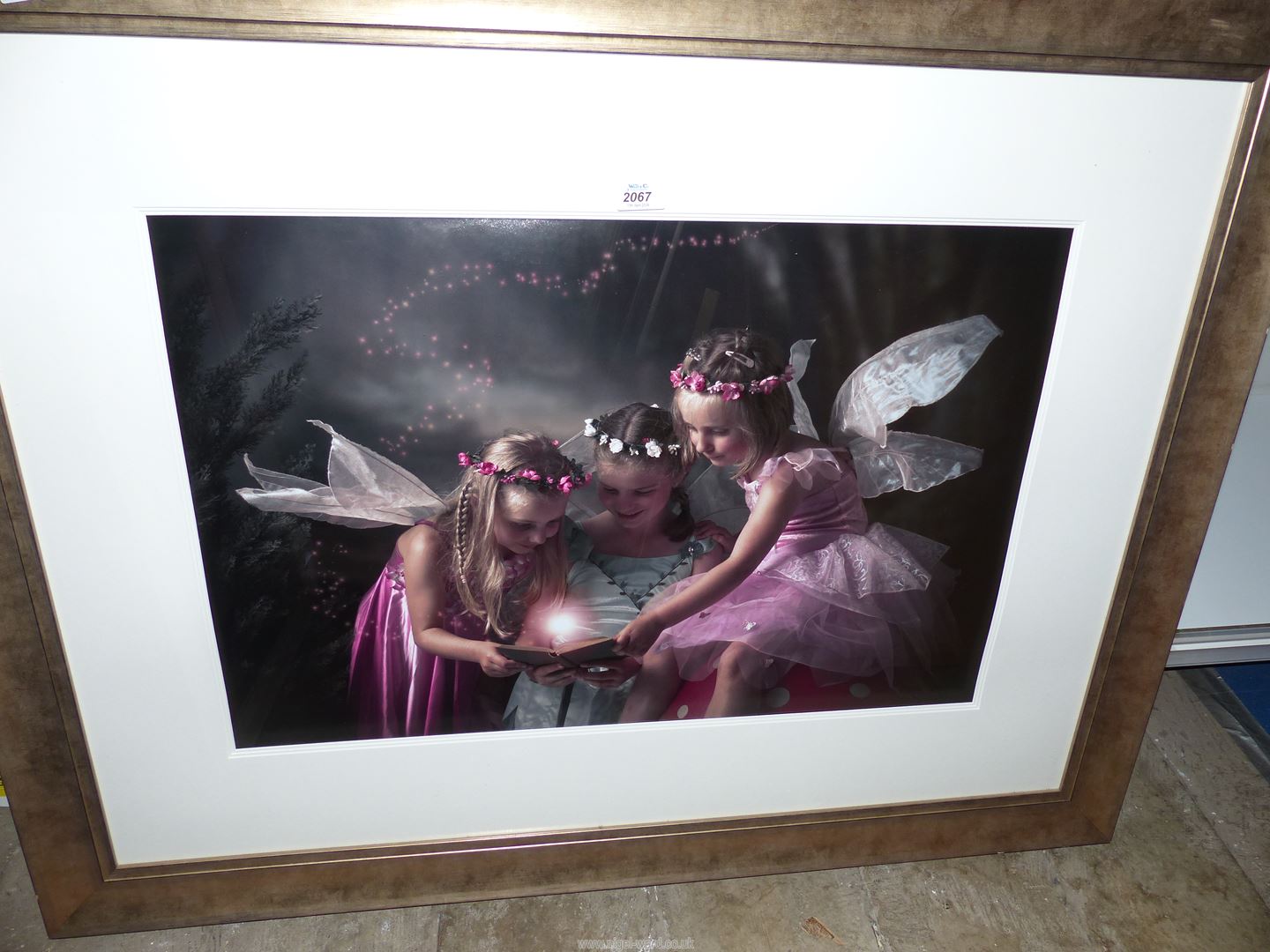 A very large framed and mounted Print depicting Fairies. 45" x 35 1/2".