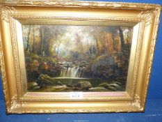 A framed Oil on canvas depicting a woodland river scene with a waterfall and a lady seated reading