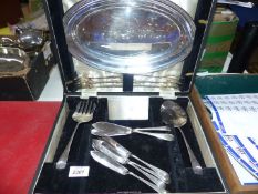 An Epns fish serving set in case to include; servers, dish, knives & forks, etc. (incomplete).