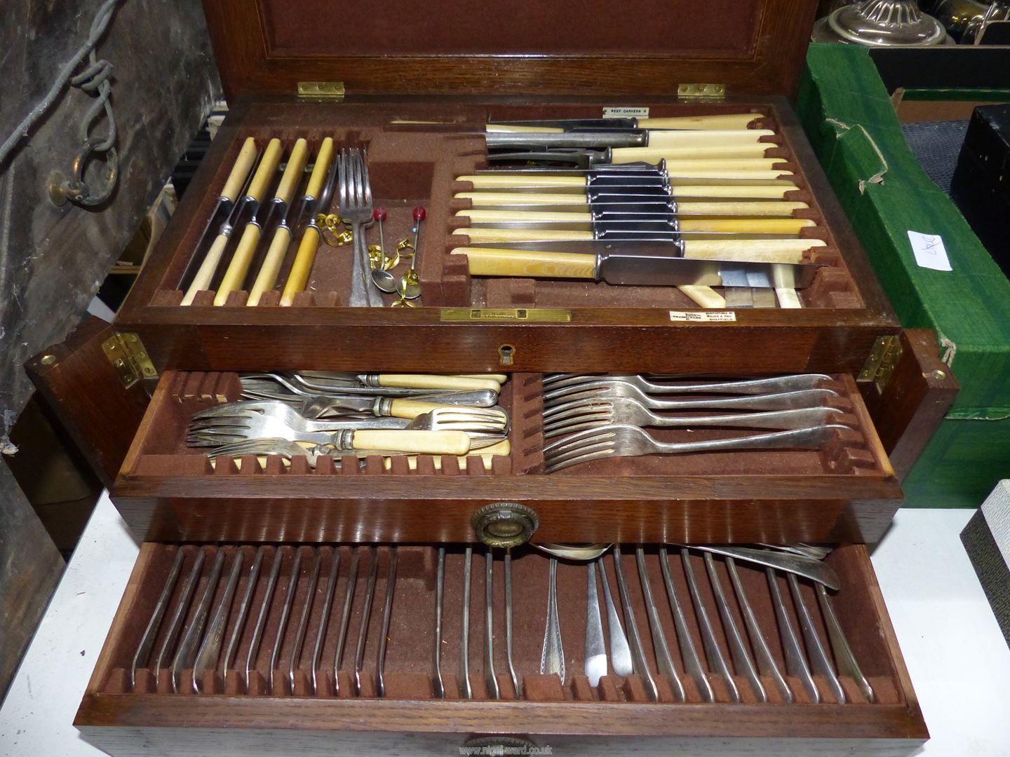 A large Oak canteen of cutlery with two drawers having brass escutcheon to the lid inscribed - Image 2 of 4