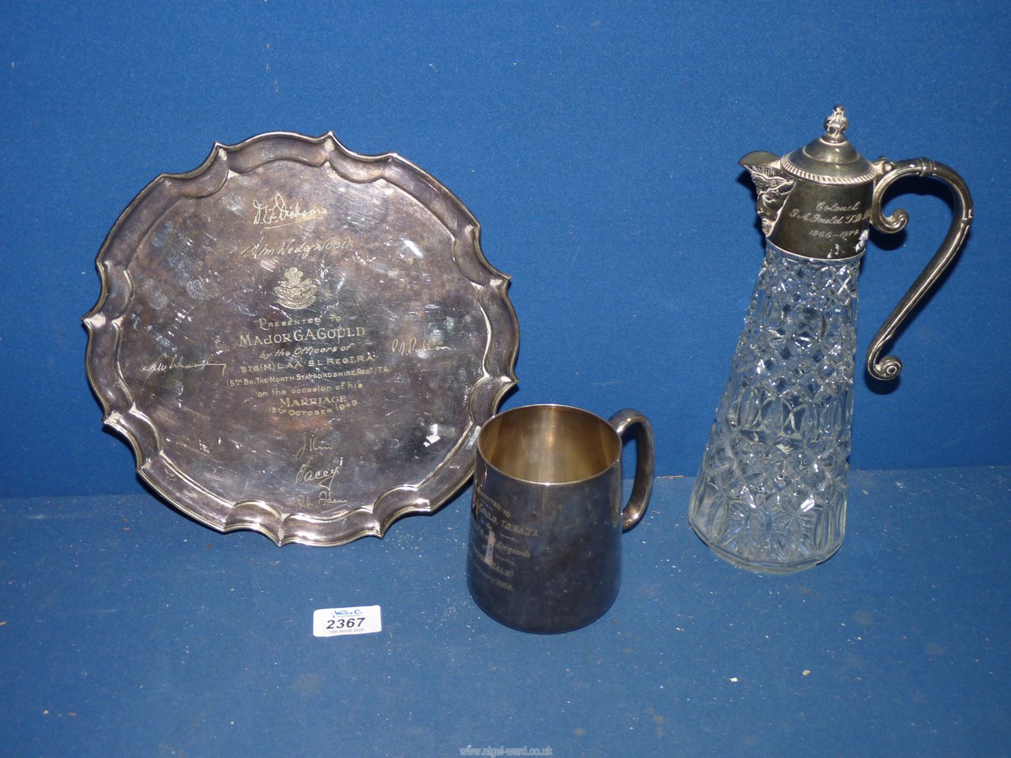 A silver plated tray, tankard, claret jug for G.A. Gould in various ranks including Colonel. - Image 4 of 7