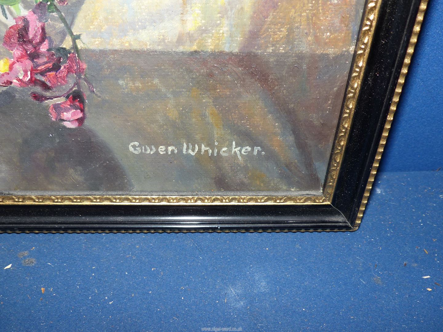 A framed Still life titled Verso "A Study in Gold" signed lower right Gwen Whicker 21 1/2" X 17 - Image 2 of 3