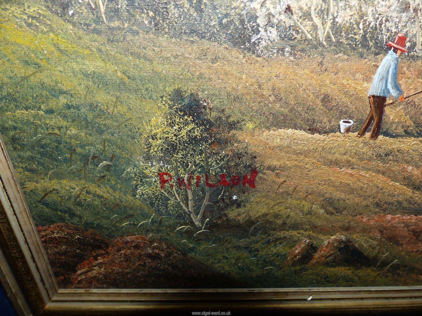 An Oil on canvas of a Fisherman on riverbank with trees and distant mountains, signed A. - Image 2 of 2