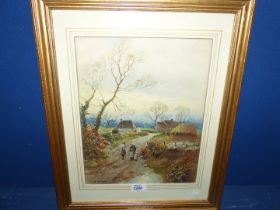 A gilt framed and mounted Gouache depicting a gent, lady and child conversing on a country lane,