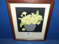 A framed Hall Thorpe coloured Woodcut titled 'Primroses', signed.