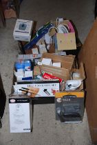 Two boxes of miscellanea, including 'Swan' mini chopper, small fan, fridge deodorizer etc.