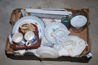 A box of mixed china, trays etc.