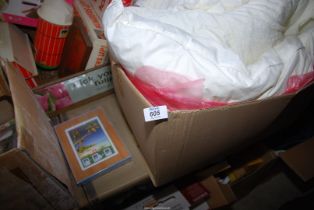 A box of games, Fisher Price toy farm, card making etc, a box of cushions, pillow/duvet etc.