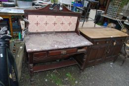 A Mahogany washstand with frieze drawer and marble top, 42" wide x 21" deep x 51" high.